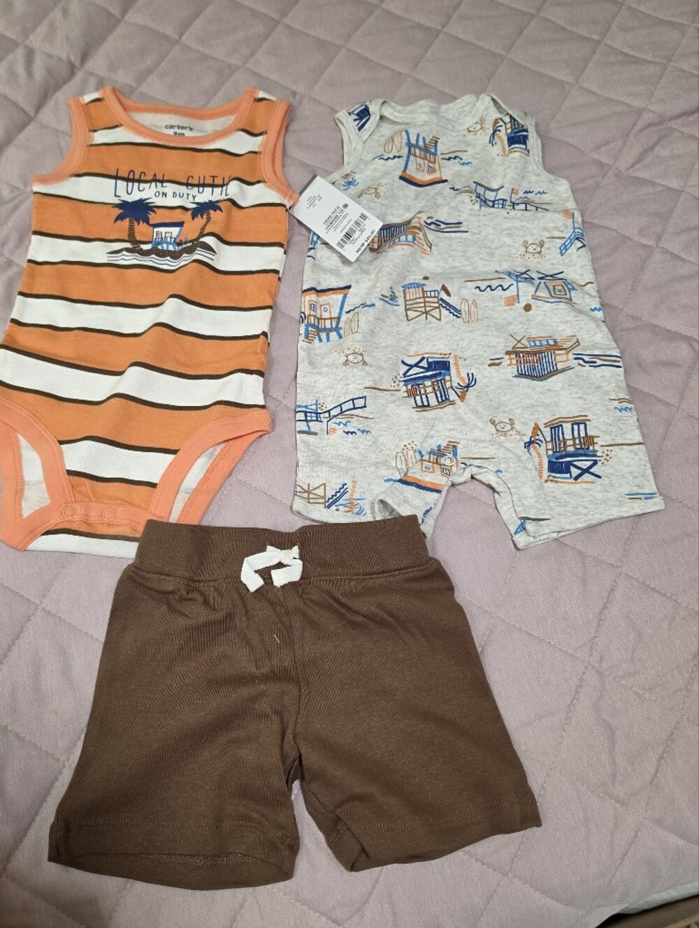 Carter's Orange Striped & Gray Beach Print Baby Matching Set with Brown Shorts